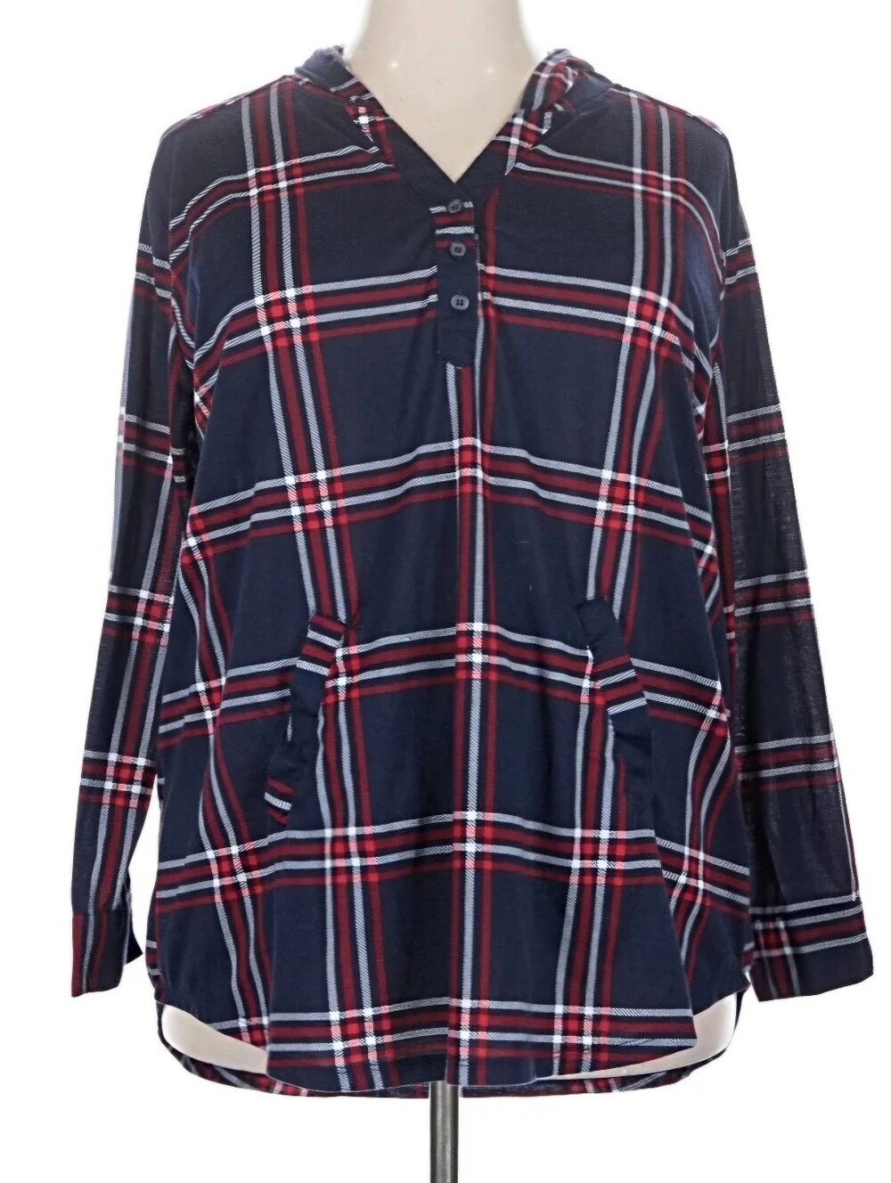 New York Laundry navy, red, and white plaid hooded tunic shirt Wirh Pockets XL